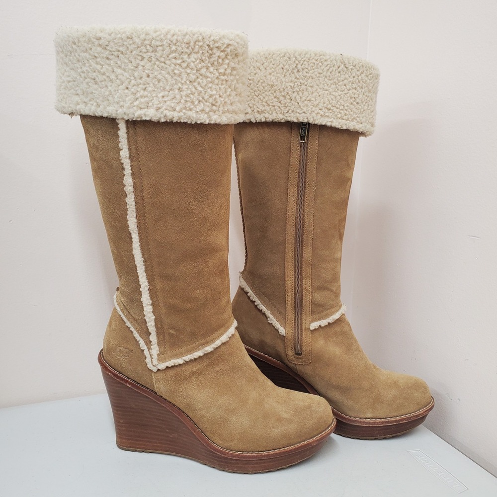 Ugg Australia Aubrie Suede Wood Heel Wedge Boots‎ Shearling Chestnut brown 9.5